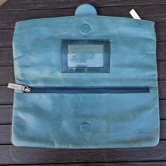 Hobo International Teal Blue Aqua Leather Fold Over Clutch Bag Small Purse